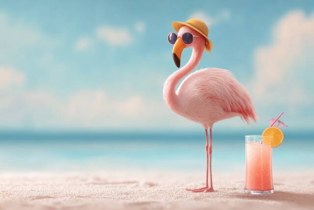 Flamingo mit Sonnenbrille am Strand