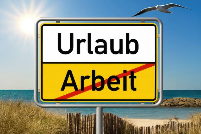"Urlaub statt Arbeit" – Schild am Strand
