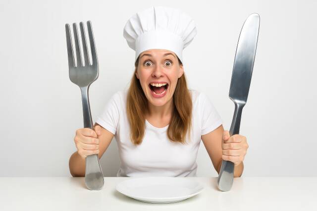 Lustige Köchin mit riesigem Besteck
