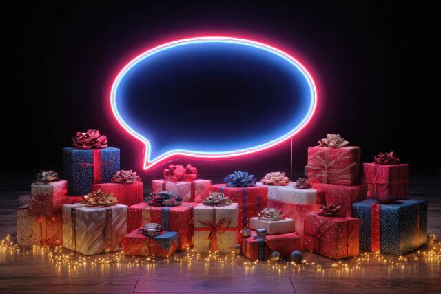 Neon-Sprechblase mit Geschenken und Lichtern
