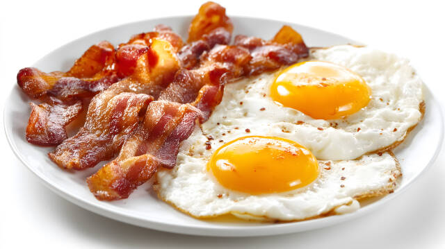 Spiegeleier mit knusprigem Bacon auf weißem Teller