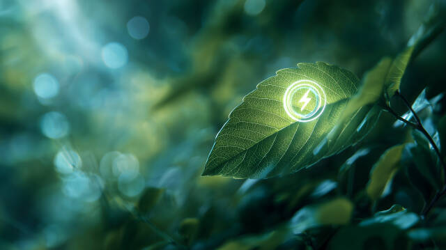 Grünes Blatt mit Energiesymbol und leuchtendem Effekt