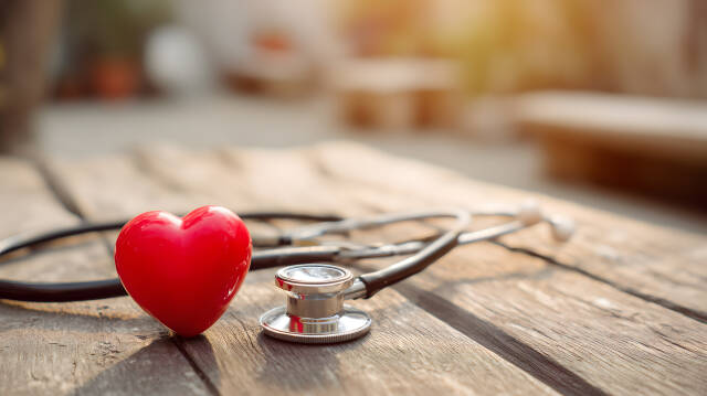 Rotes Herz mit Stethoskop auf Holztisch Symbol für Gesundheit