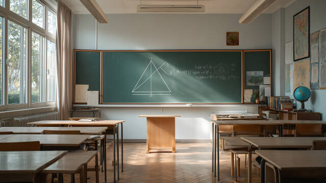 Klassenzimmer mit Kreidetafel und geometrischer Zeichnung