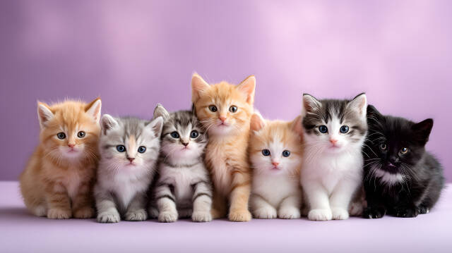 Kätzchen Gruppe sitzt nebeneinander vor lila Hintergrund