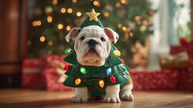 Bulldoggen Welpe im Weihnachtsbaumkostüm mit Lichterkette