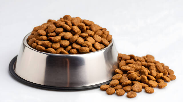 Hundefutter im Edelstahlnapf Trockenfutter isoliert auf Weiß