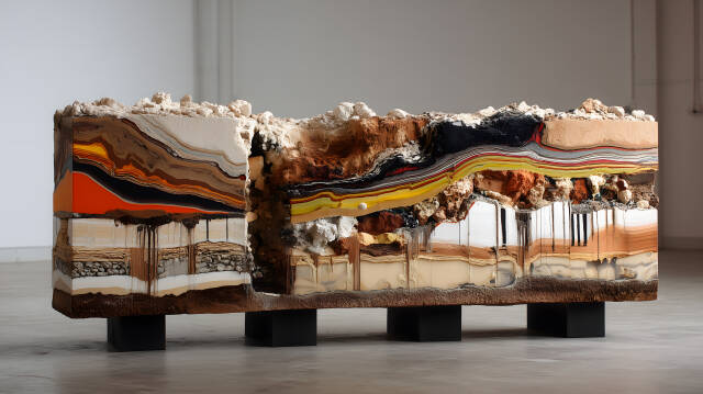 Sedimentschichten Kunstobjekt: geologische Schichten als strukturierter Materialblock