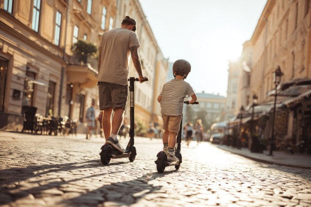 Vater und Sohn auf E-Scootern