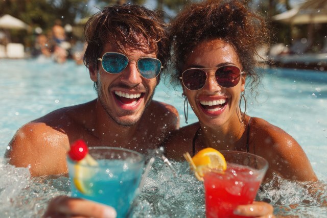 Paar mit Sonnenbrille und Cocktail im Pool
