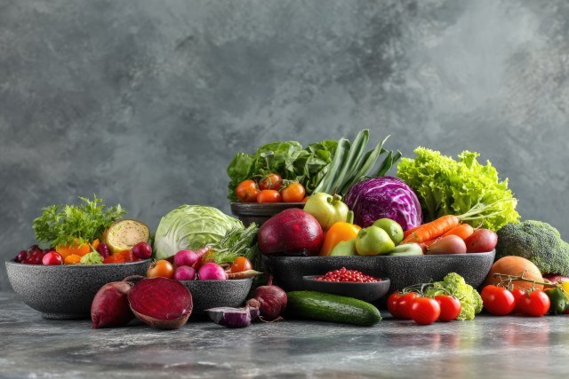 Bunte Auswahl an frischem Gemüse und Früchten