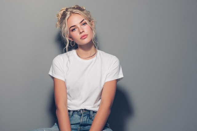 Junge blonde Frau mit neutralem Ausdruck