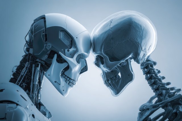 Roboter und menschliches Skelett gegenüber