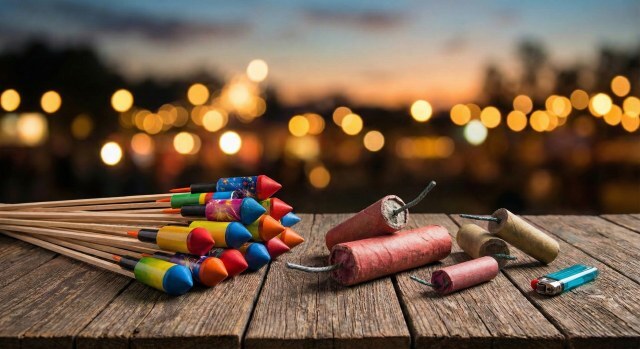 Feuerwerksraketen und Böller auf Holztisch trotz Böllerverbot
