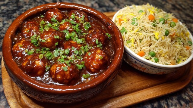 Köstliches Fleischgericht mit Reis serviert