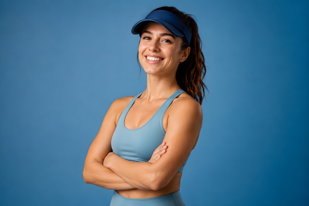 Sportliche Frau mit blauem Visor lächelt selbstbewusst