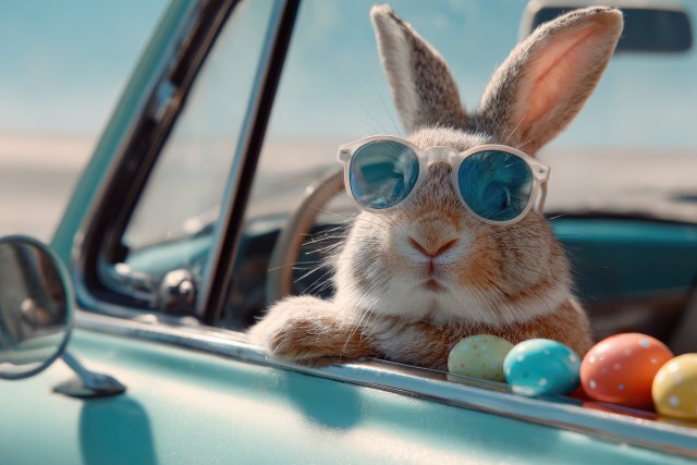 Hase im Auto mit Sonnenbrille