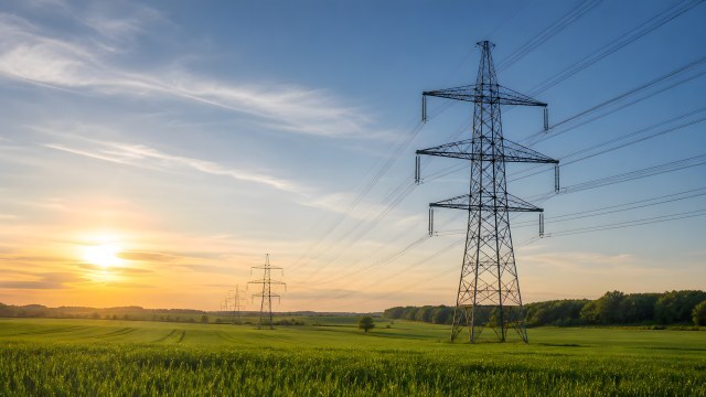 Hochspannungsmasten auf grüner Wiese bei Sonnenuntergang
