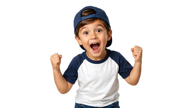 Aufgeregter Junge mit Baseballcap jubelt begeistert