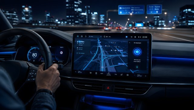 Modernes Fahrzeug-Cockpit mit Navigationssystem bei Nacht
