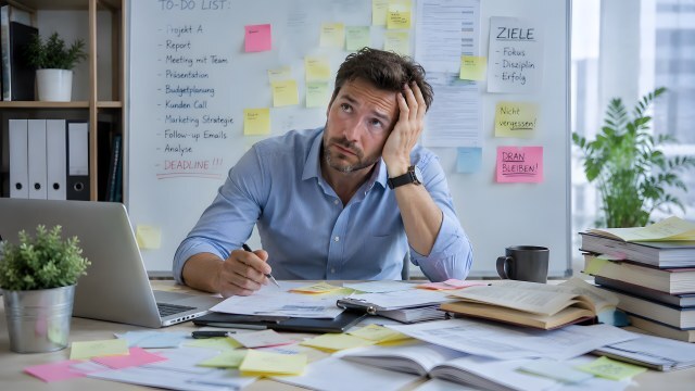Gestresster Mann mit ADHS am überfüllten Schreibtisch mit Deadlines