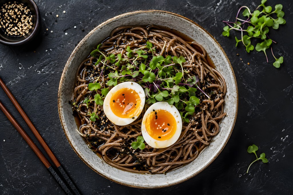 Soba-Nudeln mit Ajitsuke-Ei und Microgreens