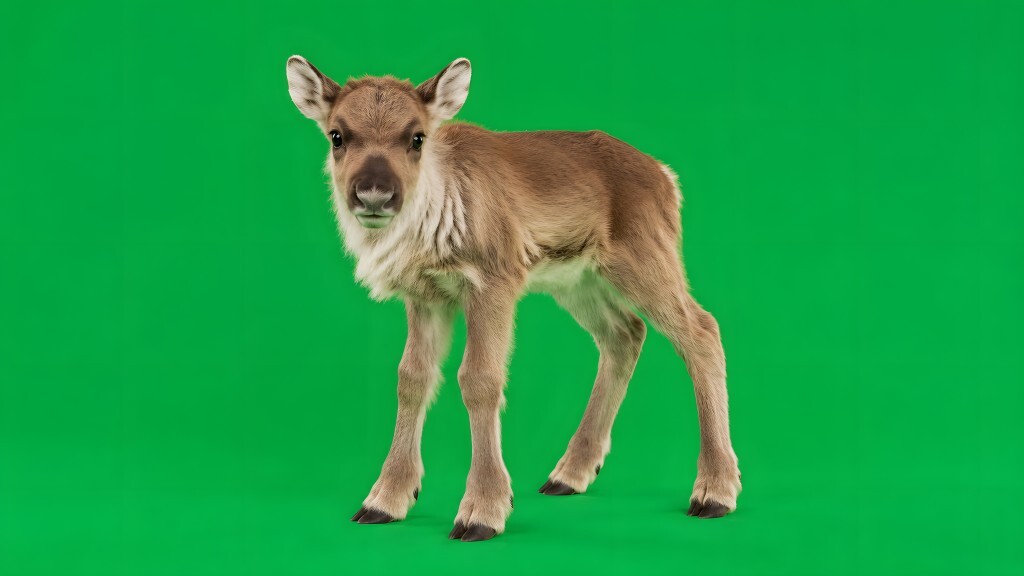 Junges Rentierkalb steht vor grünem Hintergrund