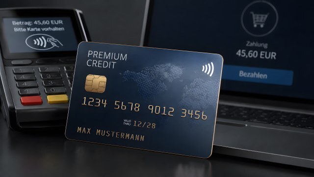 Premium-Kreditkarte vor Zahlungsterminal und Laptop