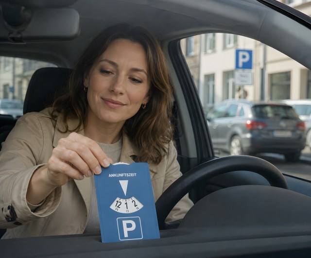 Frau stellt Parkscheibe auf Ankunftszeit ein