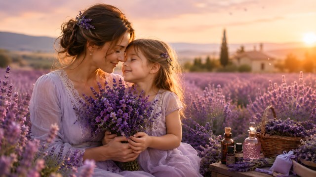 Mutter und Tochter im blühenden Lavendelfeld bei Sonnenuntergang