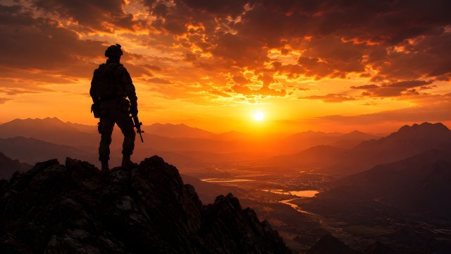 Soldat-Silhouette auf Berggipfel beim Sonnenuntergang