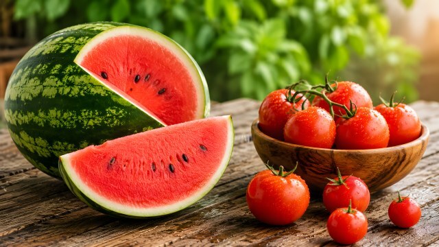 Wassermelone und Tomaten auf rustikalem Holztisch