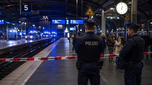 Polizeiabsperrung am Bahnhof bei Nacht in Deutschland
