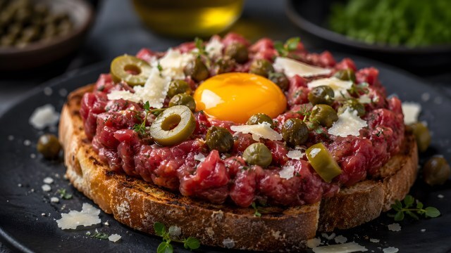 Beef Tatar auf Röstbrot mit Eigelb und Kapern