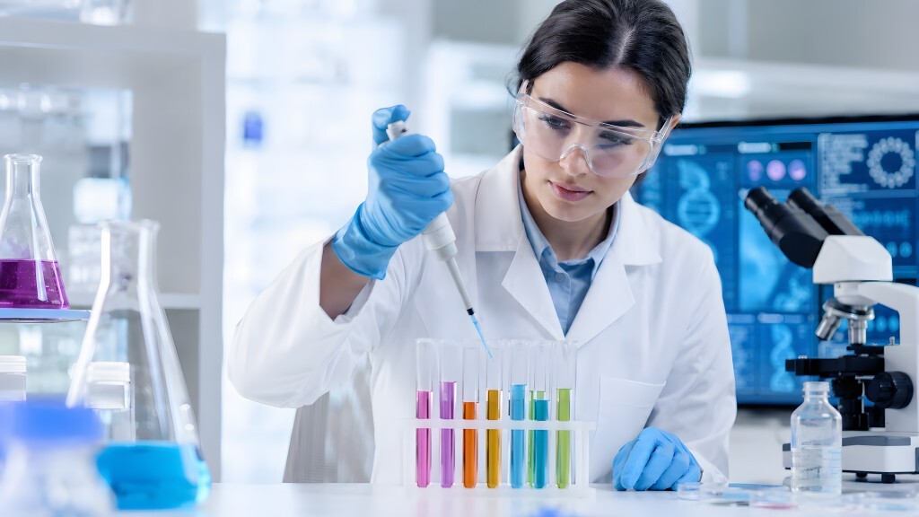 Wissenschaftlerin pipettiert bunte Proben im Labor