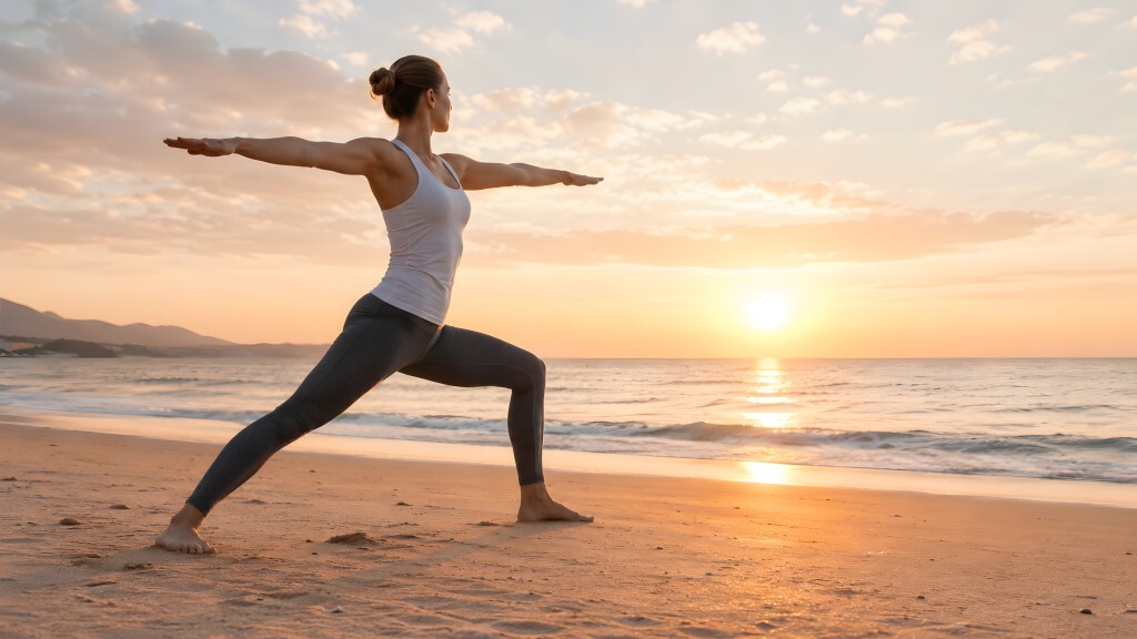 Yoga-Frau in Krieger-Pose am Strand bei Sonnenuntergang