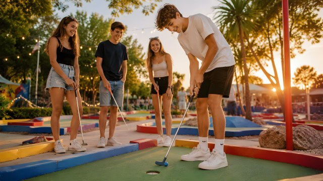 Jugendliche spielen Minigolf bei Sonnenuntergang – Golfplatz in der Natur