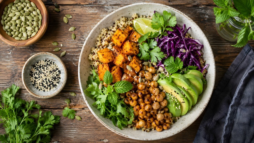 Bunte Buddha Bowl mit Quinoa, Kichererbsen und Avocado