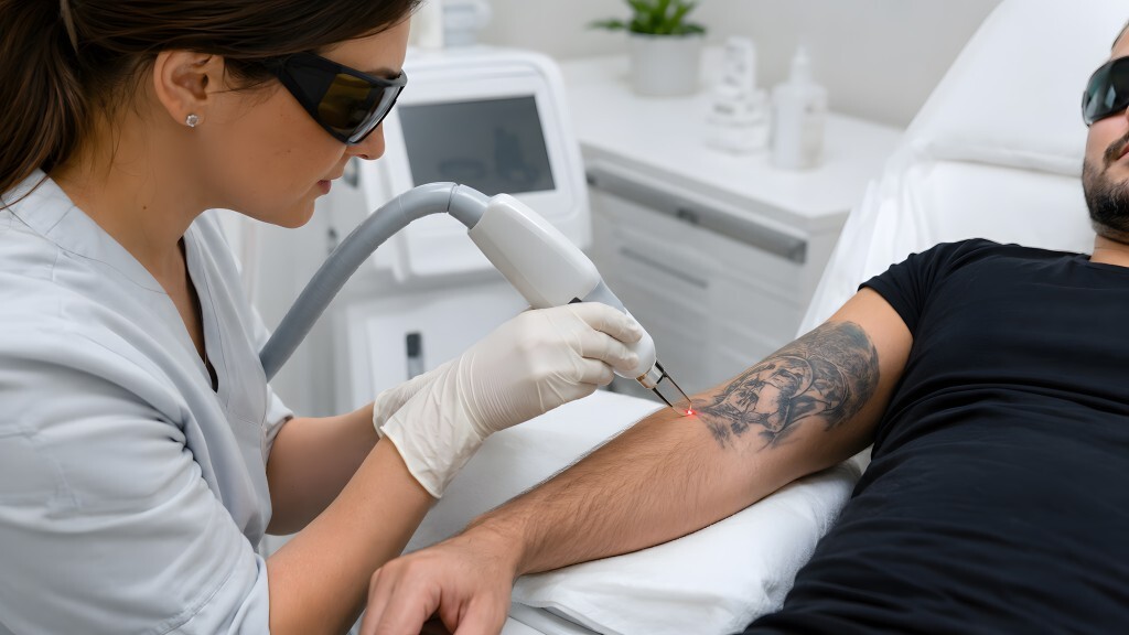 Laserspezialistin behandelt Tattoo-Entfernung am Unterarm