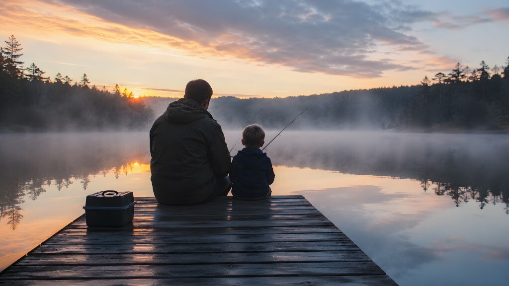 Vater und Kind angeln gemeinsam im Morgennebel