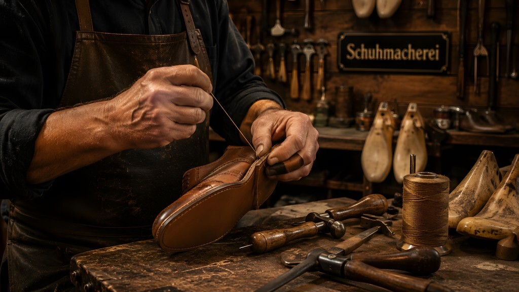 Schuhmacher näht handgefertigten Ledersch uh in Werkstatt