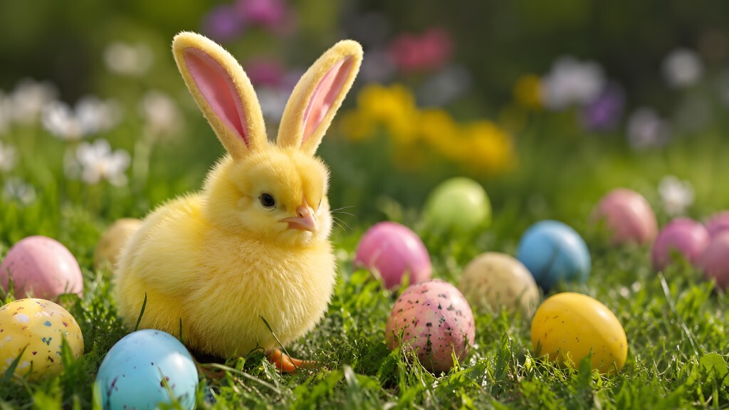Gelbes Küken mit Hasenohren zwischen Ostereiern