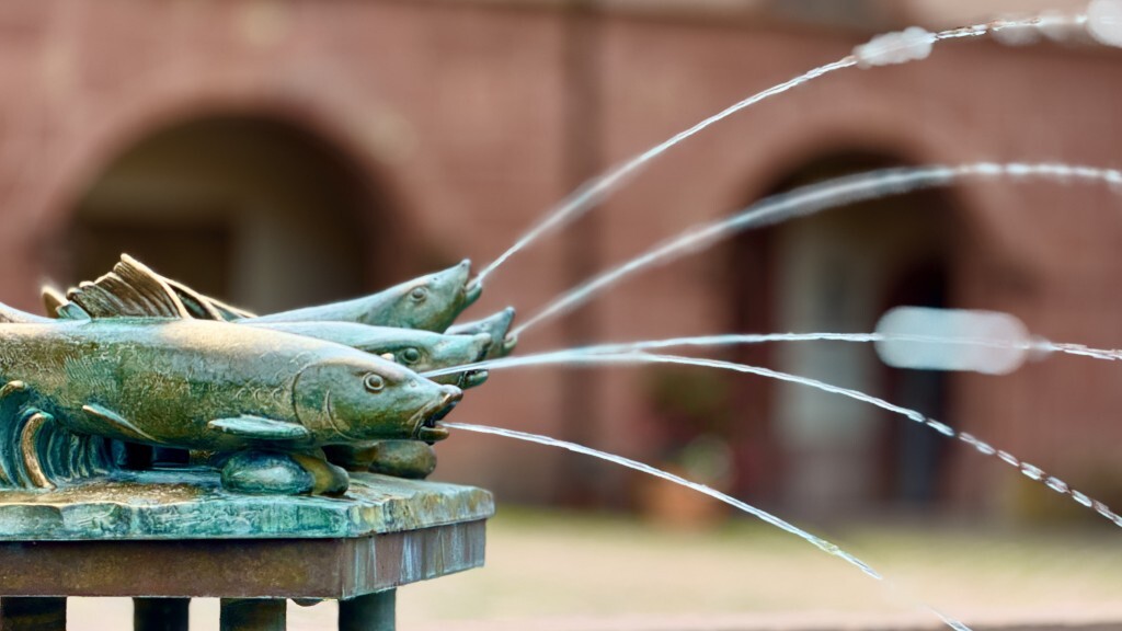 Brunnen mit Fischskulpturen