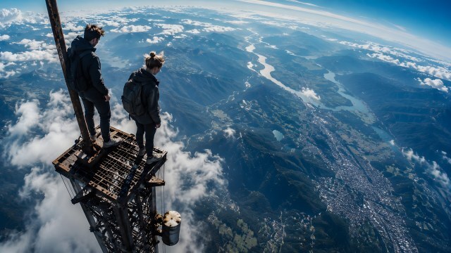 Zwei Personen auf einem Turm über den Wolken